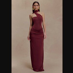 MESHKI Mattea Slinky And Mesh Maxi Dress With Scarf - Burgundy
